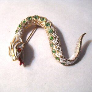 COILED SNAKE PIN BROOCH by ART w/GREEN & RED RHINESTONES MEASURES 2 1/2" TALL